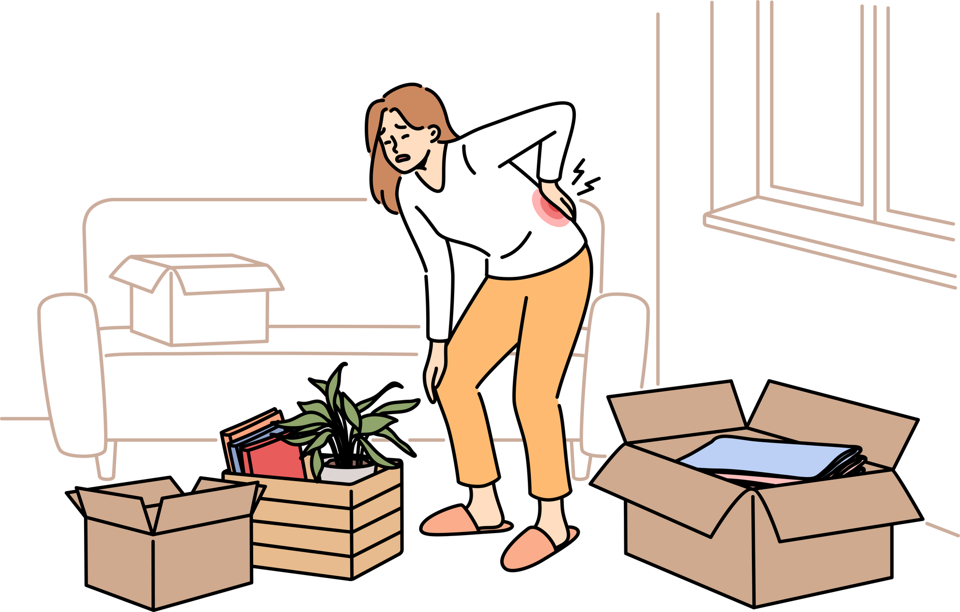 Sick woman moving to new apartment and suffers from back pain, stands among heavy boxes